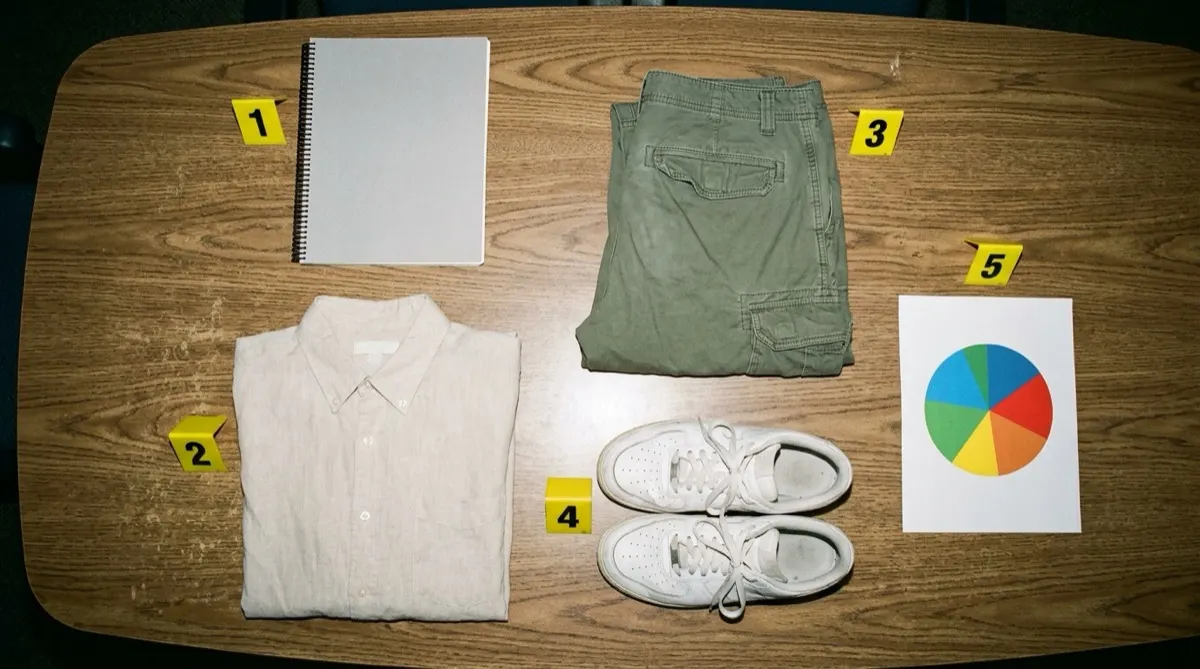 Overhead view of a conference table with a blank spiral-bound report, a folded linen shirt, olive cargo shorts, white sneakers, and an unlabeled pie chart beside numbered yellow evidence markers