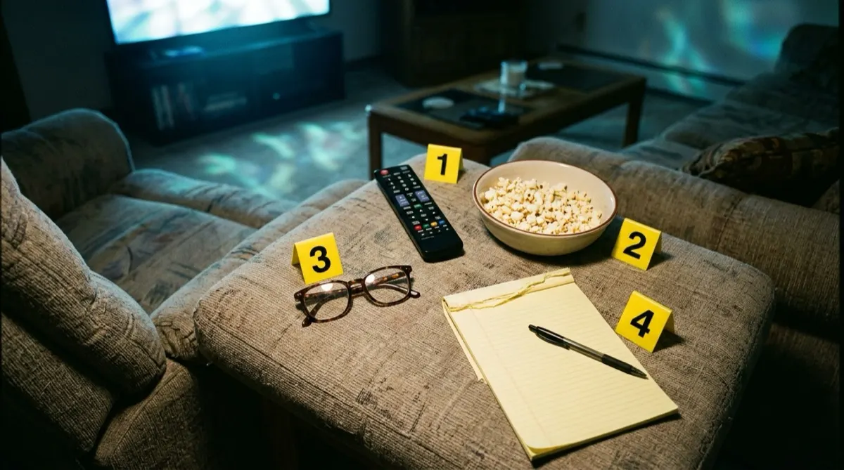 A TV remote, a bowl of popcorn, a pair of reading glasses, and a blank yellow legal pad with a pen on a recliner ottoman, each marked with a yellow evidence marker, lit by a television