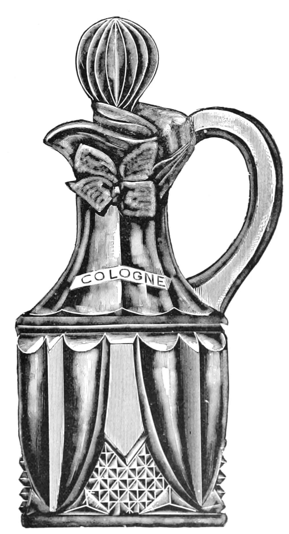 An 1893 engraved illustration of an ornate cut-glass cologne bottle with a round stopper, a ribbon bow at the neck, and a handle