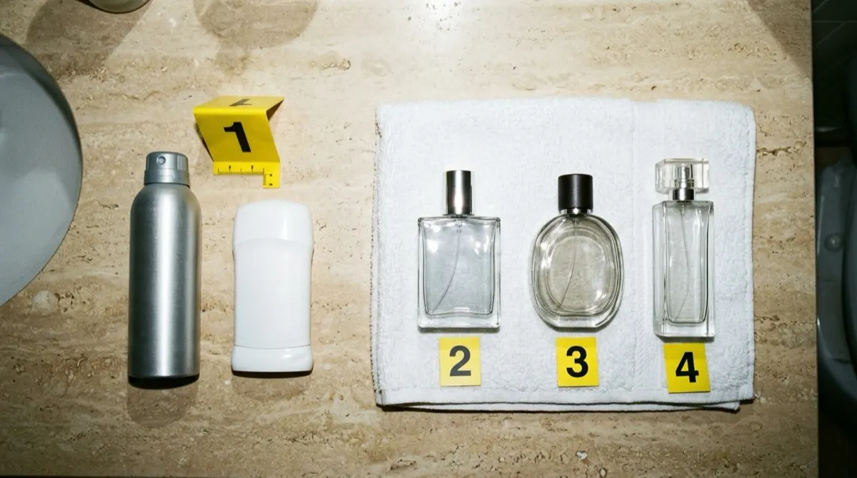 Overhead view of a bathroom counter with an aluminum body spray can and a deodorant stick on the left and three glass cologne bottles on a folded white towel on the right, marked with yellow evidence markers