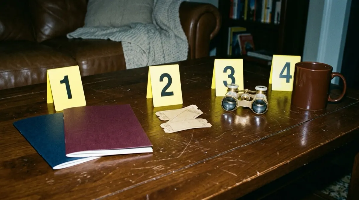 Two theatre programs, a pair of ticket stubs, brass opera glasses and a brown coffee mug on a living room coffee table next to numbered yellow evidence markers