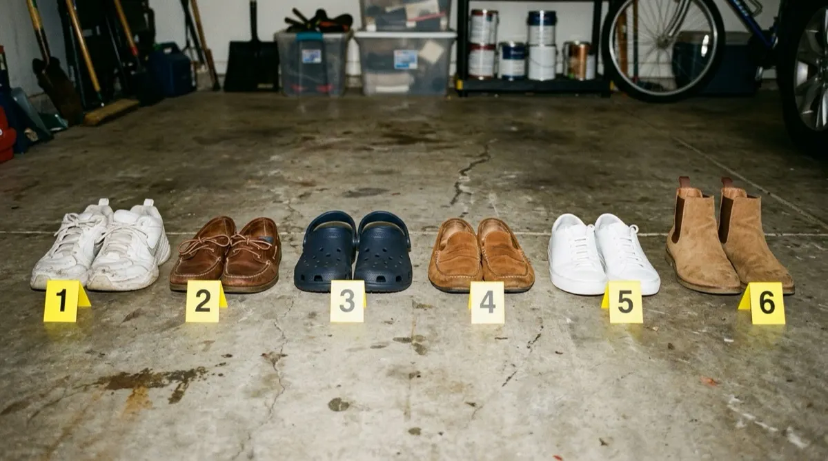 Six pairs of men's shoes lined up on a garage floor with numbered yellow evidence markers: white walking sneakers, boat shoes, foam clogs, suede loafers, clean white leather sneakers, and tan suede Chelsea boots
