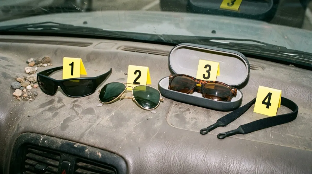 Black wraparound sport sunglasses, gold aviators, tortoiseshell sunglasses in an open hard case, and a black retainer strap laid out on a dusty car dashboard with yellow numbered evidence markers