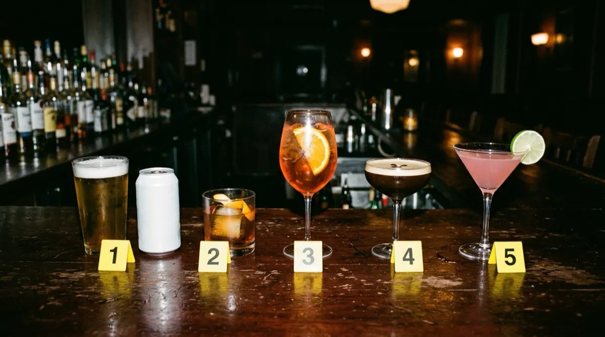 A row of drinks on a dark bar counter, from a pint of light beer and a plain can to an old fashioned, an orange spritz, an espresso martini, and a pink cosmopolitan, each next to a yellow numbered evidence tent
