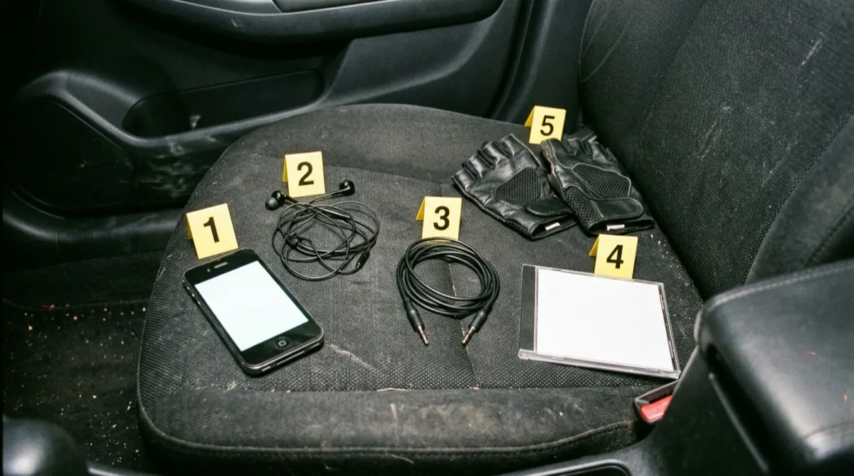 A smartphone with a blank screen, wired earbuds, an aux cable, an unlabeled CD case and fingerless gym gloves on a car seat next to numbered yellow evidence markers