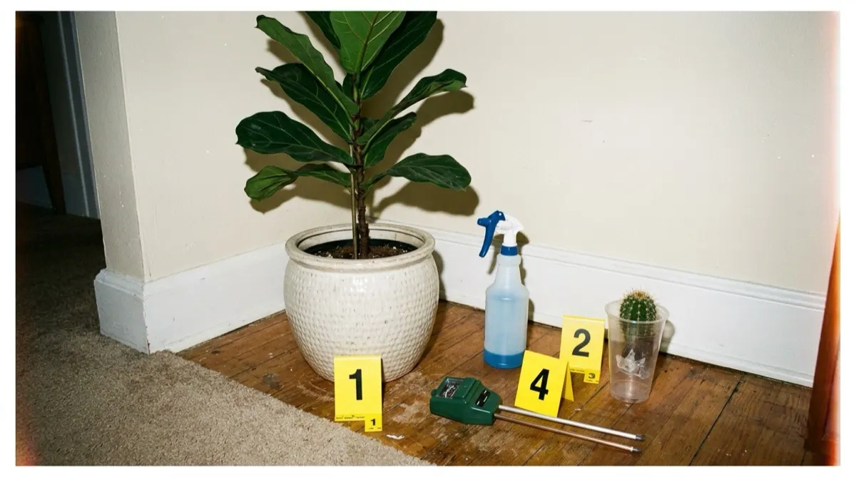 A fiddle-leaf fig in a white ceramic pot in the corner of a room, beside a spray bottle, a soil moisture meter and a small cactus in a plastic cup, with numbered yellow evidence markers
