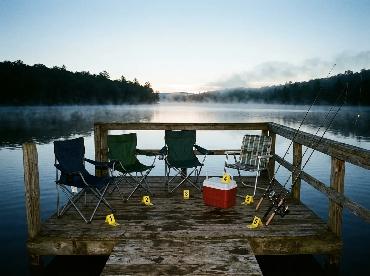 Four empty folding camp chairs and a red cooler on a wooden lake dock at dawn, with fishing rods leaning unused against the railing and yellow numbered evidence markers on the boards