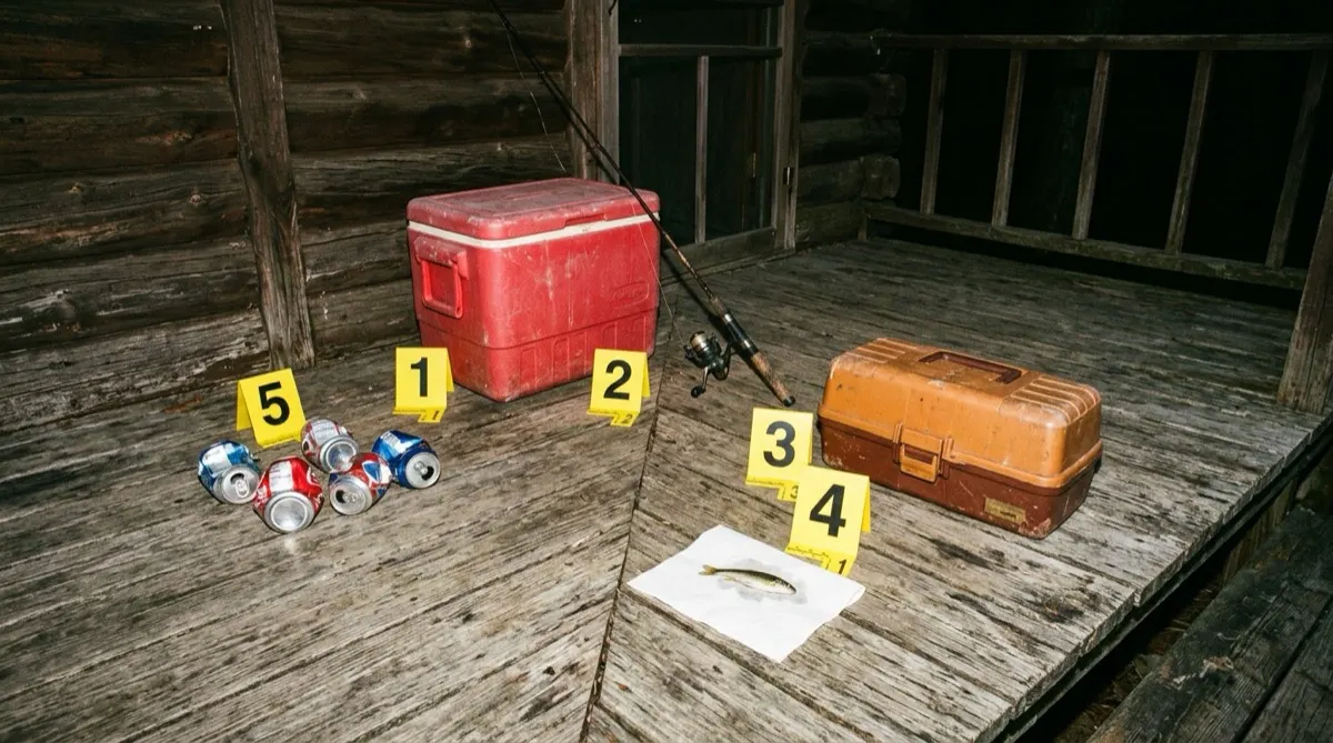 A red cooler, a fishing rod, an orange tackle box, a pile of empty soda cans, and one very small fish on a paper towel on a cabin porch, each marked with a yellow numbered evidence tent