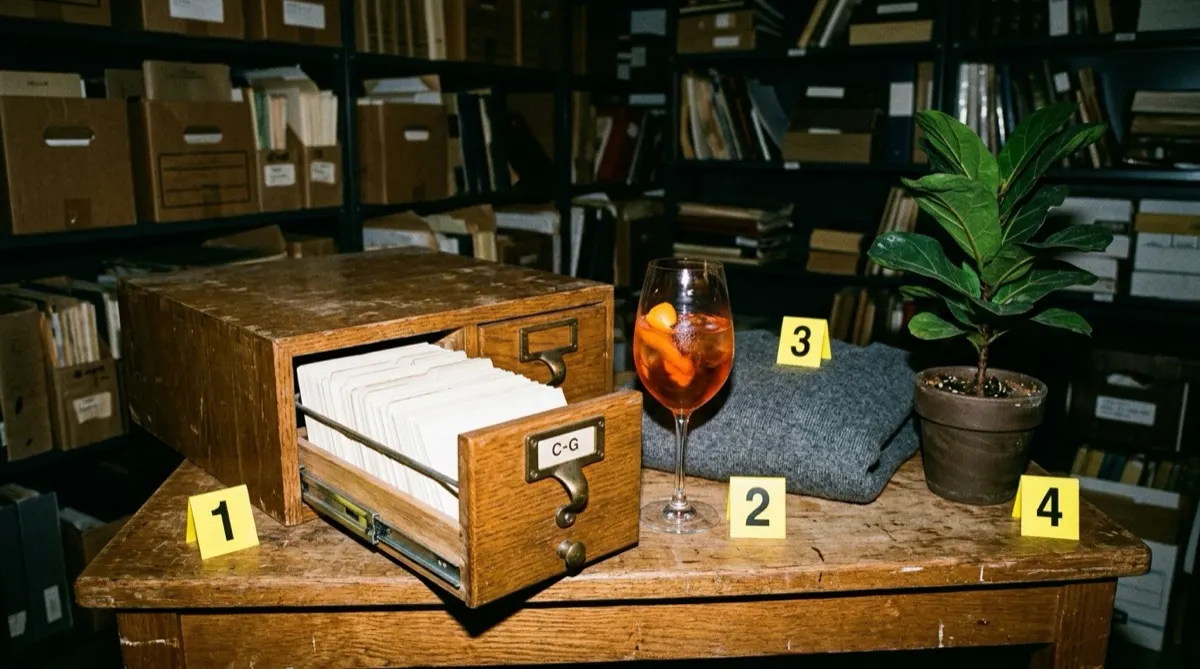 An open wooden card catalog drawer full of index cards, an orange spritz in a wine glass, a folded gray sweater, and a potted fiddle-leaf fig on an archive table beside numbered yellow evidence markers