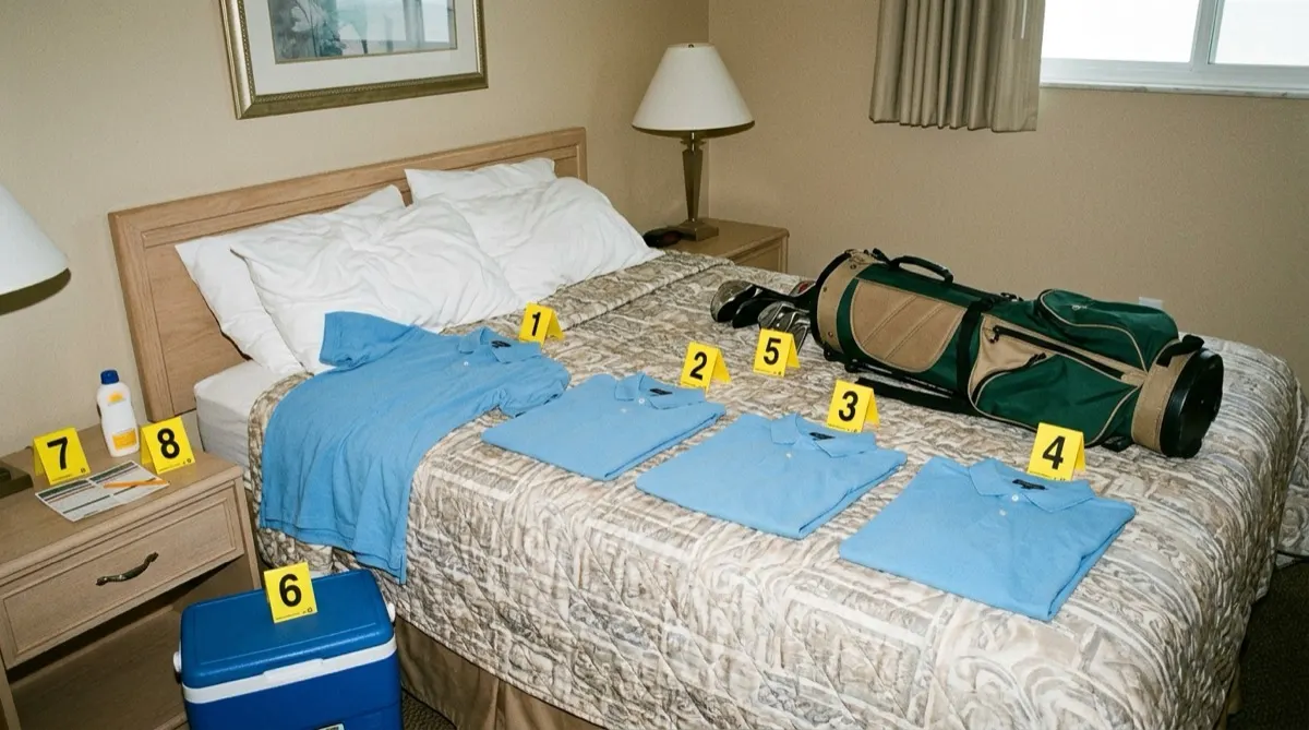 Four matching light blue polo shirts laid out on a condo bed beside a golf bag, a blue cooler, sunscreen, and a scorecard, each marked with a yellow numbered evidence tent