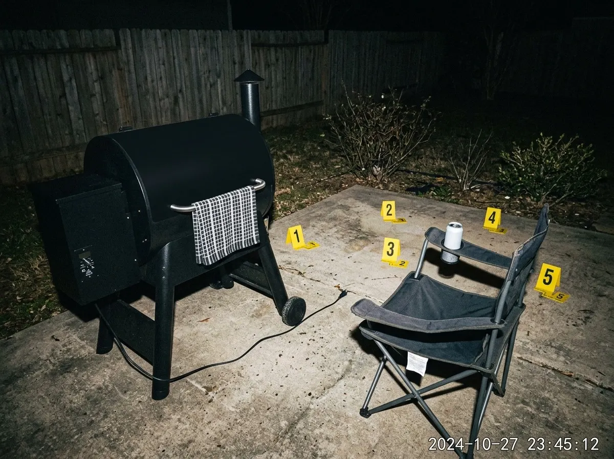 A black pellet smoker on a concrete patio at night with a checkered towel on its handle and a folding camp chair angled toward it, surrounded by numbered yellow evidence markers