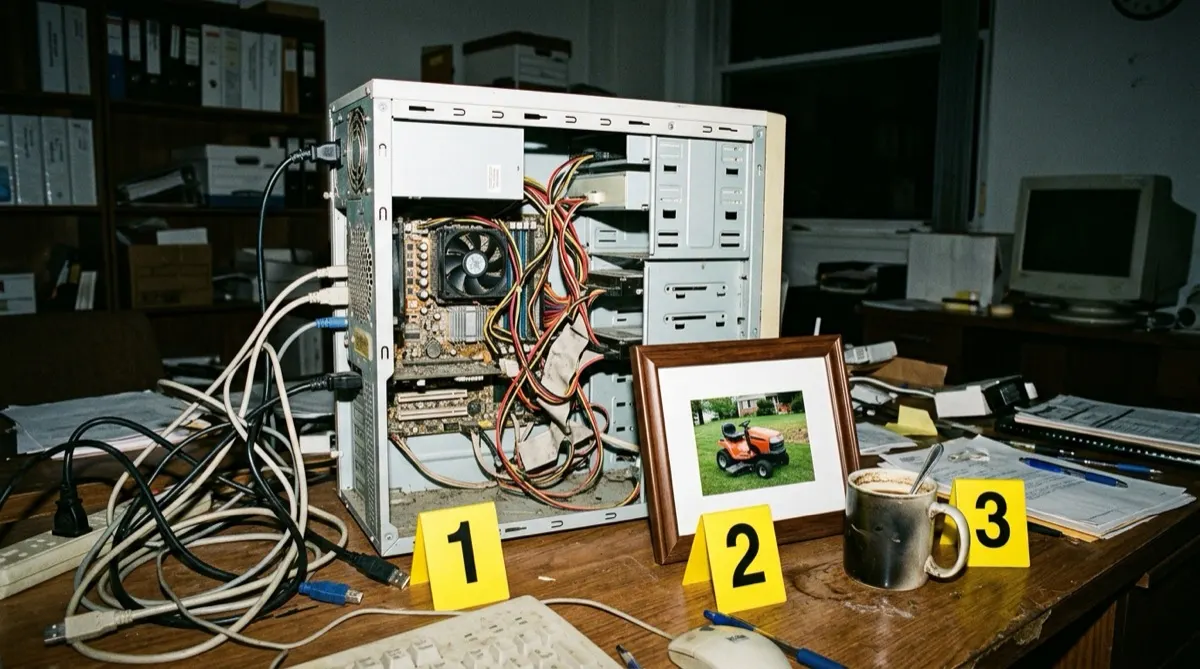 An old beige computer tower with its side panel removed, a framed photo of a riding lawn mower, and a mug of cold coffee on a cluttered desk next to numbered yellow evidence markers
