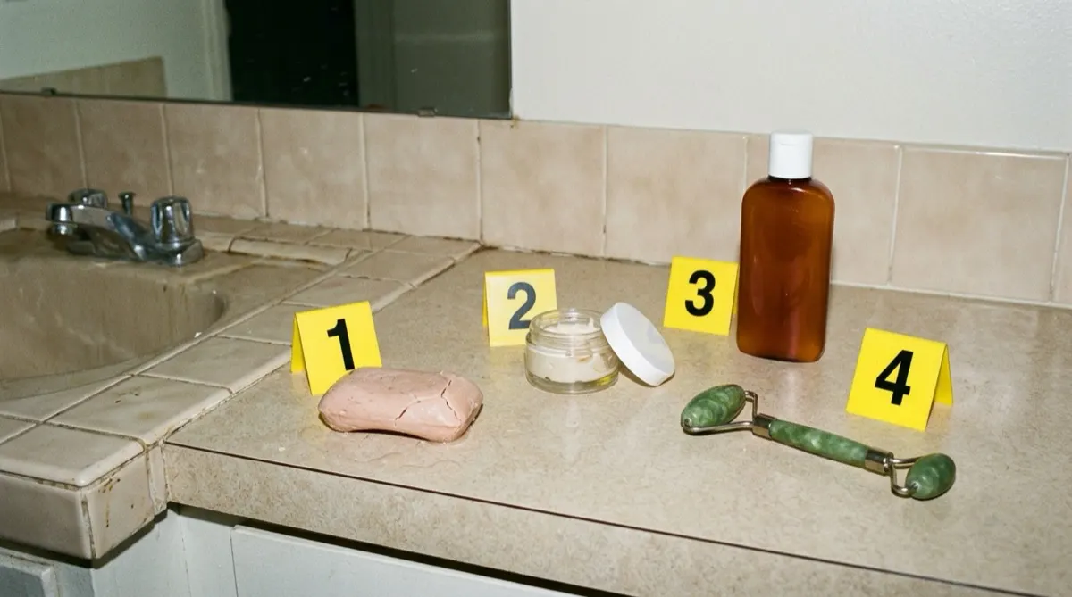 A cracked bar of soap, an open jar of face cream, a brown bottle of sunscreen, and a green jade face roller on a beige tiled bathroom counter, each next to a numbered yellow evidence marker