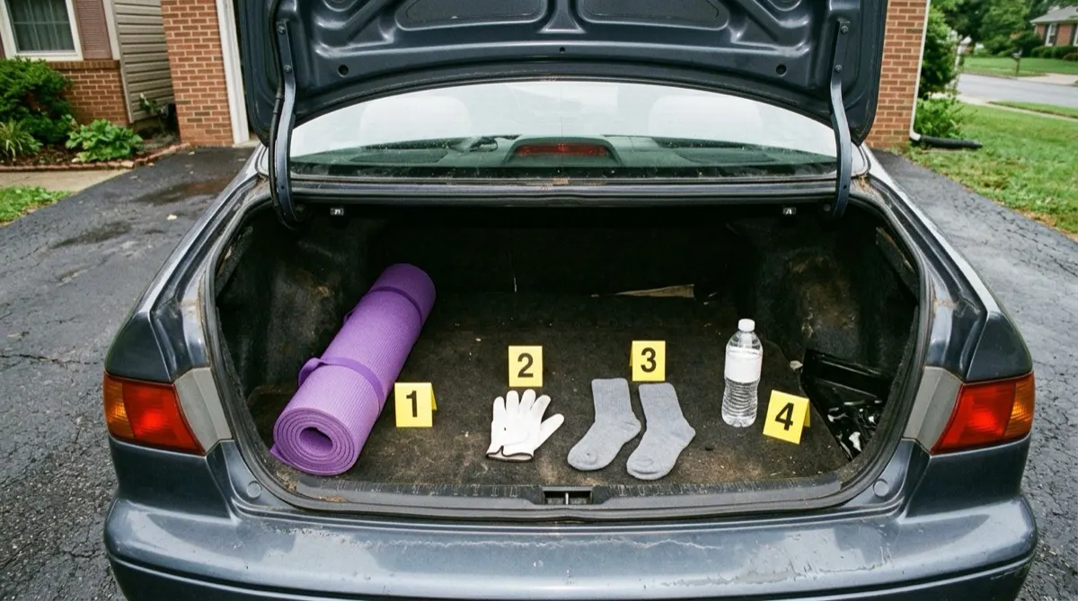 A rolled purple yoga mat, a white golf glove, gray athletic socks, and a water bottle in the open trunk of a sedan, each marked with a numbered yellow evidence marker