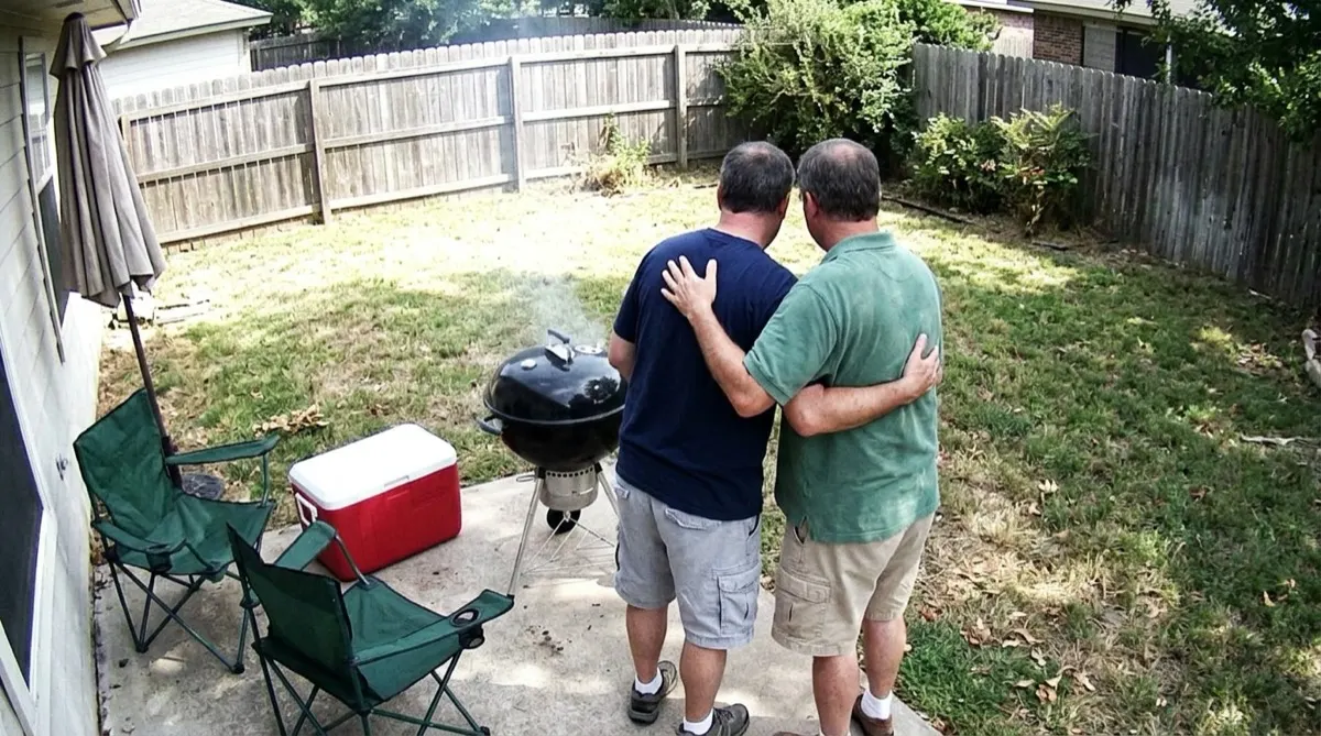 Security camera view from behind of two middle-aged men in shorts with their arms around each other next to a charcoal grill in a fenced backyard