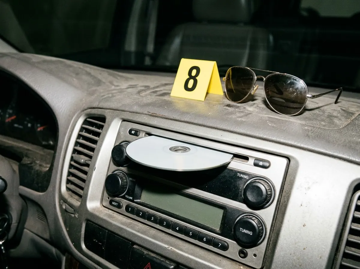 A silver CD half inserted into a minivan dashboard stereo, with aviator sunglasses and a yellow evidence marker numbered 8 on the dash