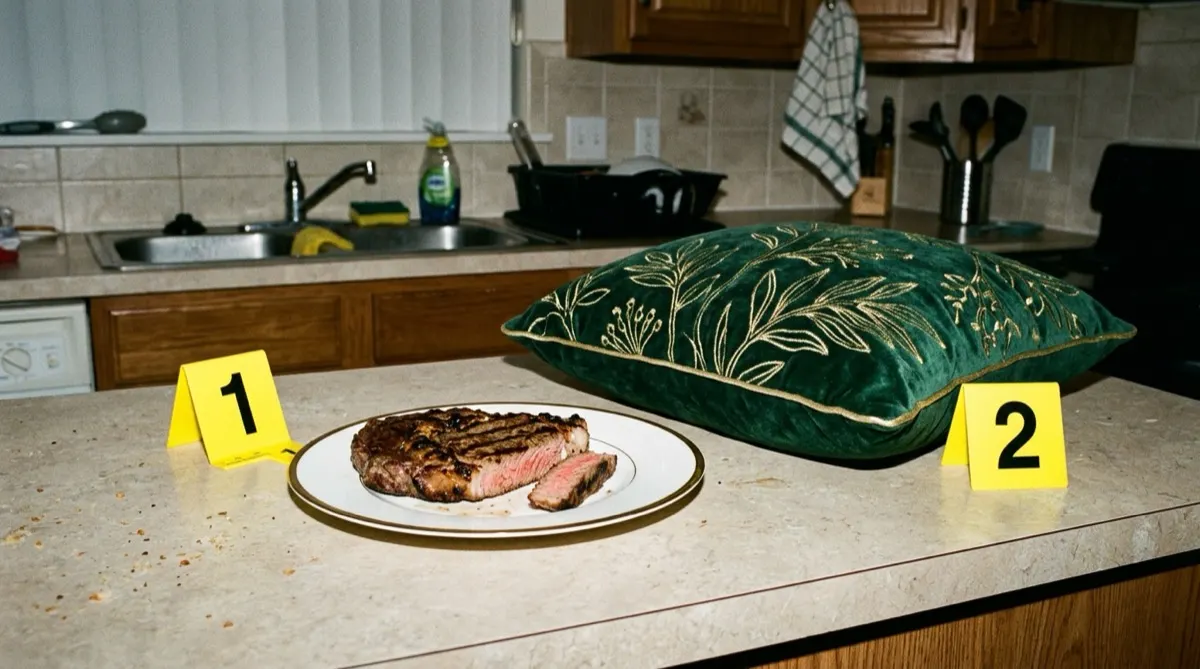 A grilled ribeye steak on a plate next to a green velvet throw pillow on a kitchen counter, marked with yellow evidence markers numbered 1 and 2