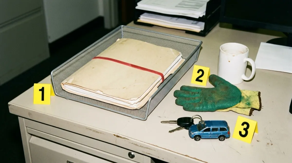A thick manila case file held shut with a red rubber band in a wire desk tray, next to a green gardening glove, a white mug, and car keys on a toy minivan keychain, with numbered yellow evidence markers