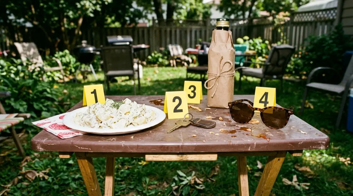 A folding table at a backyard barbecue holding a plate of pasta salad, a car key, a bottle wrapped in brown paper and twine, and tortoiseshell sunglasses beside numbered yellow evidence markers