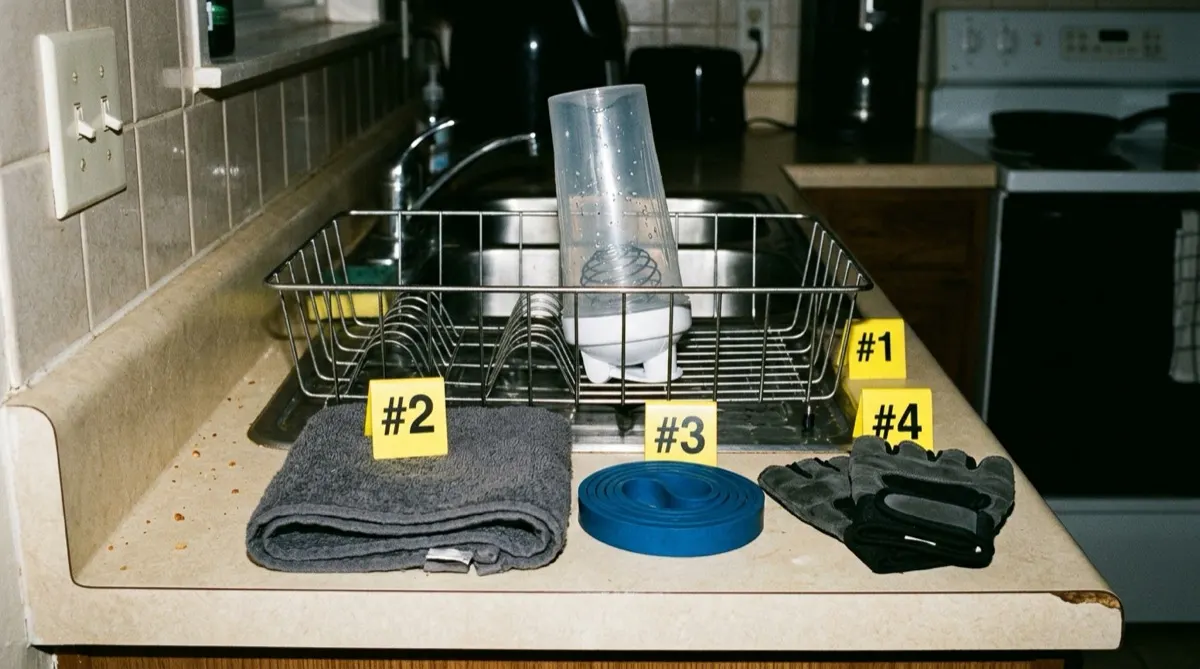 A clear protein shaker bottle drying upside down in a dish rack on a kitchen counter next to a folded gray gym towel, a blue resistance band, and fingerless lifting gloves, each marked with a yellow numbered evidence tent