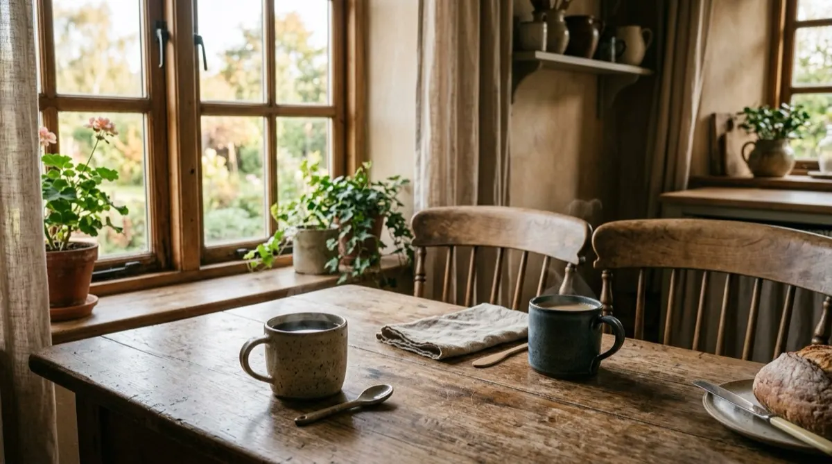 Two mugs of coffee on a wooden kitchen table by a sunny window, with two chairs pulled close together