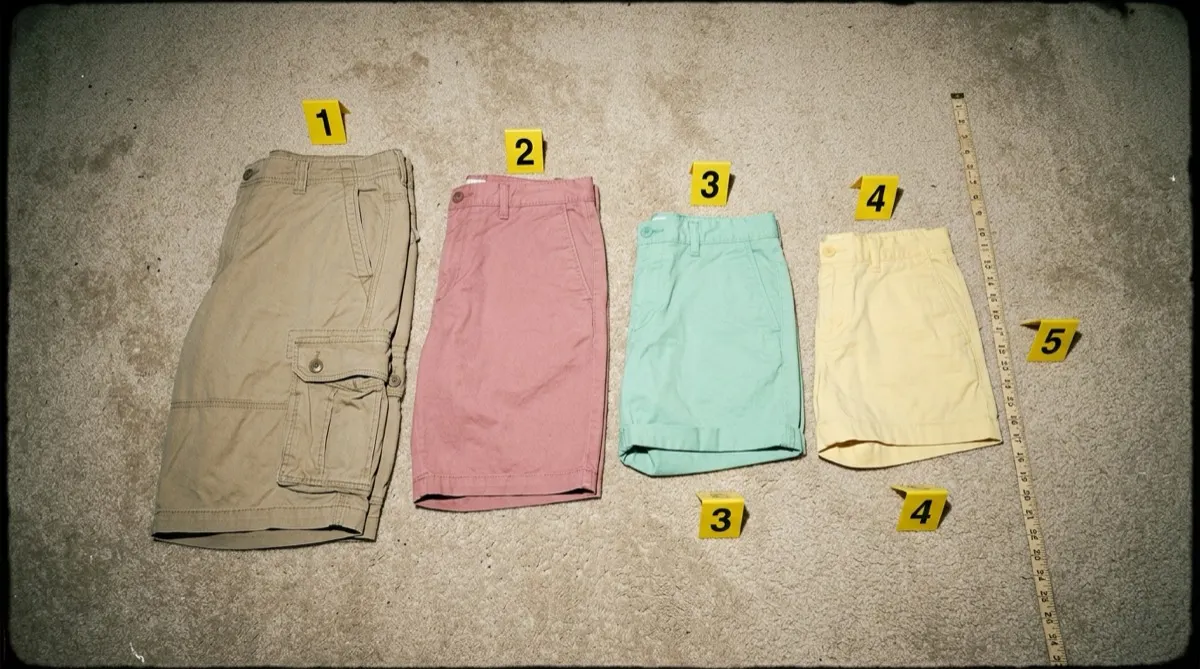 Four pairs of men's shorts laid flat on beige carpet from longest to shortest, khaki cargo shorts, then pink, mint, and pale yellow chino shorts, with a yellow tape measure and numbered evidence markers