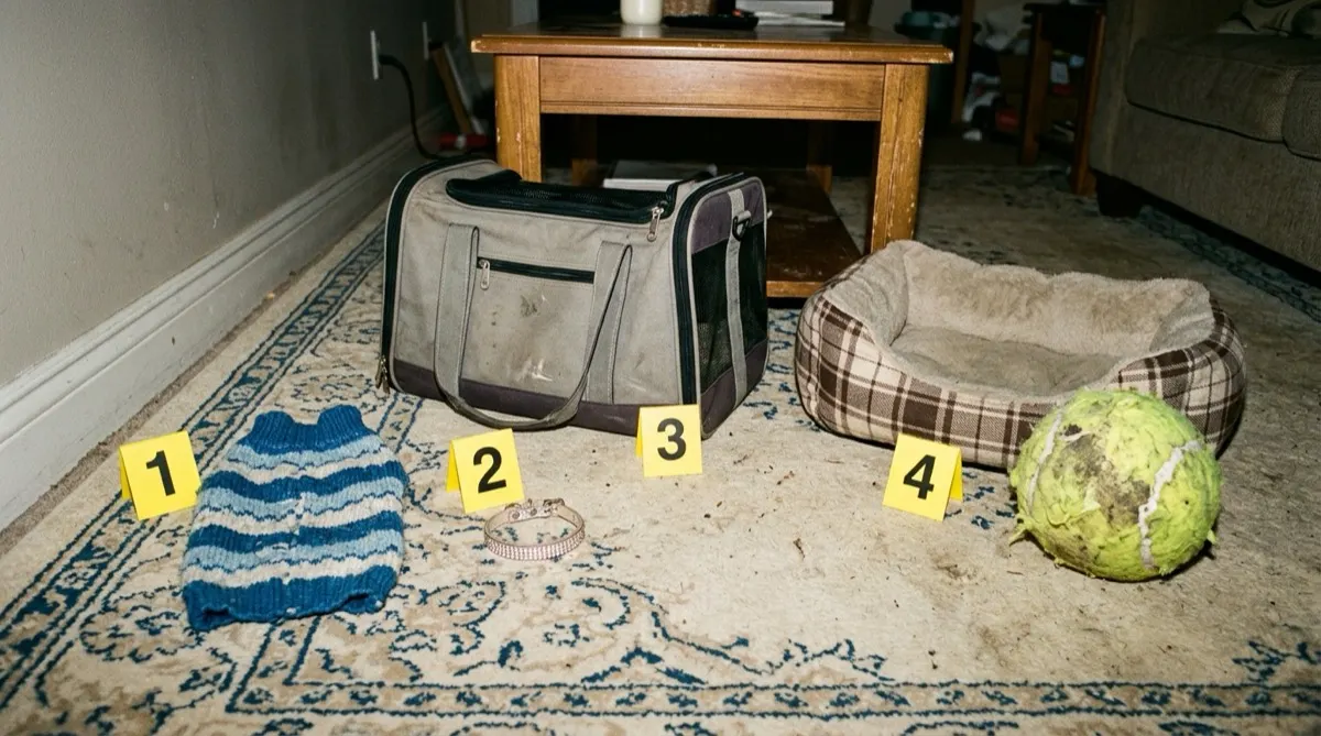 A striped knitted dog sweater, a rhinestone collar, a pet carrier bag, a plaid dog bed and a worn tennis ball on a living room rug next to numbered yellow evidence markers