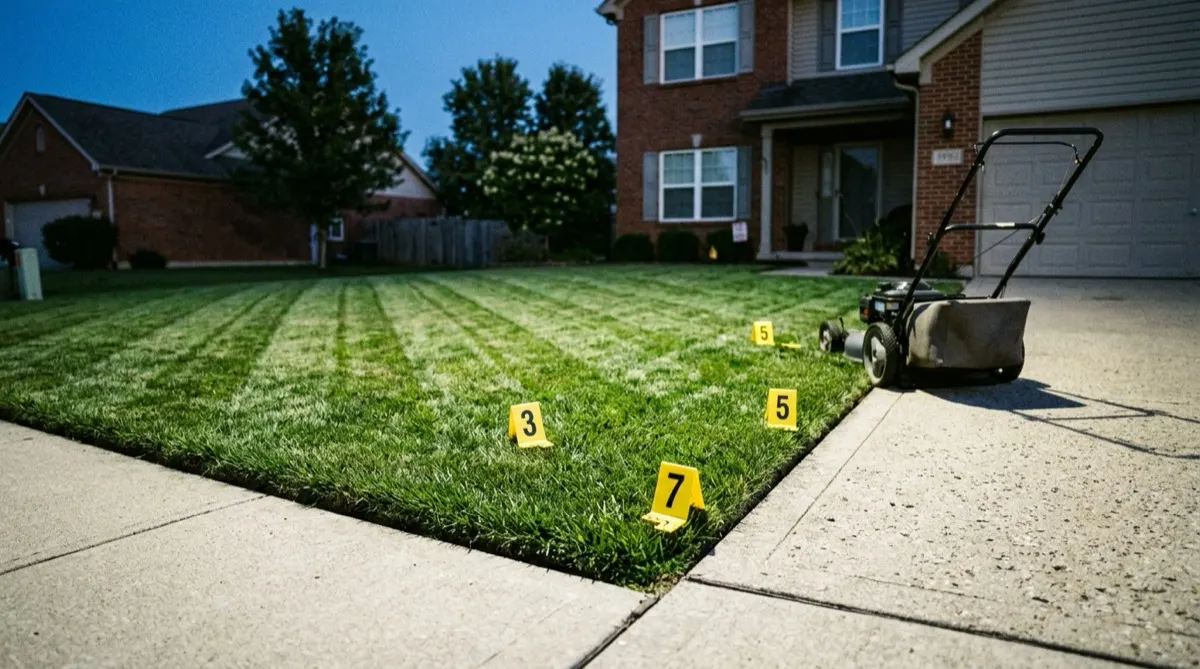 A freshly mowed suburban front lawn with crisp diagonal stripes and a sharp edge along the sidewalk, a push mower parked on the driveway, and yellow numbered evidence markers in the grass