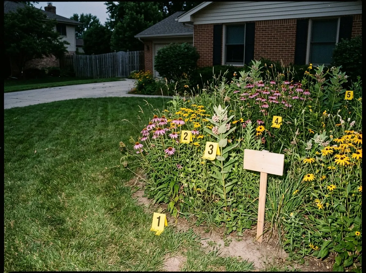 A front yard where a striped lawn meets a dense bed of pink coneflowers, yellow black-eyed susans, and milkweed, with a blank wooden stake sign and numbered yellow evidence markers among the flowers