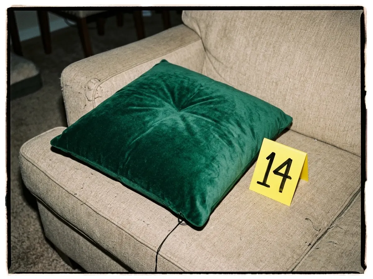 A single green velvet throw pillow sitting on the arm of a beige couch, with a yellow evidence marker numbered 14 beside it