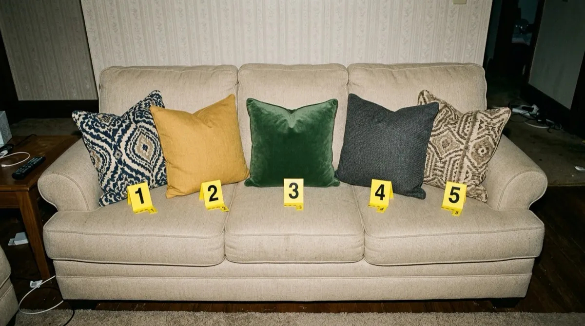 A beige three-seat couch with five decorative throw pillows in navy, mustard, green velvet, charcoal and brown patterns, each with a numbered yellow evidence marker in front