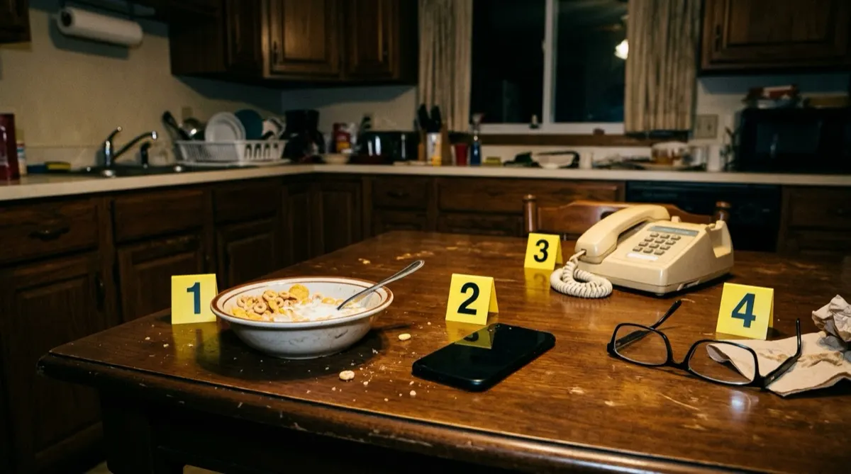 A kitchen table at night with a half-eaten bowl of cereal, a phone lying face down, a beige landline telephone, and a pair of reading glasses beside numbered yellow evidence markers